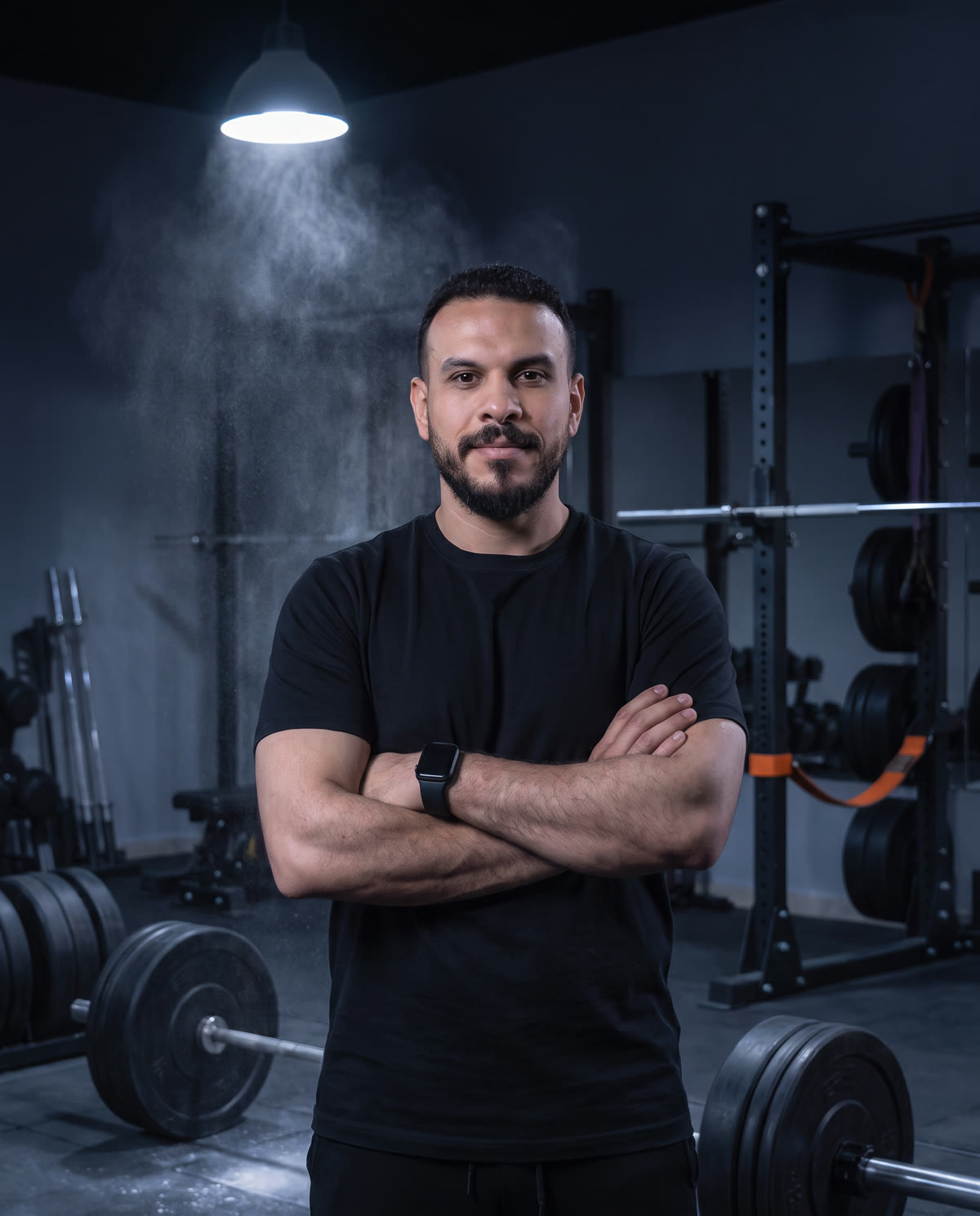 Portrait of Mohab Elsayed in a dark gym, arms crossed, under a single overhead light