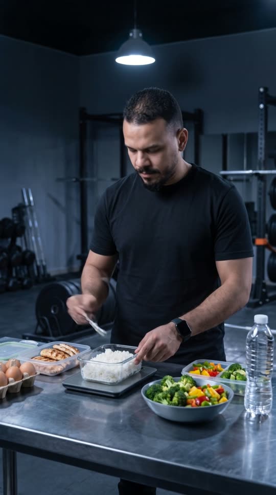 Mohab portions rice, grilled chicken, and vegetables into a meal-prep container