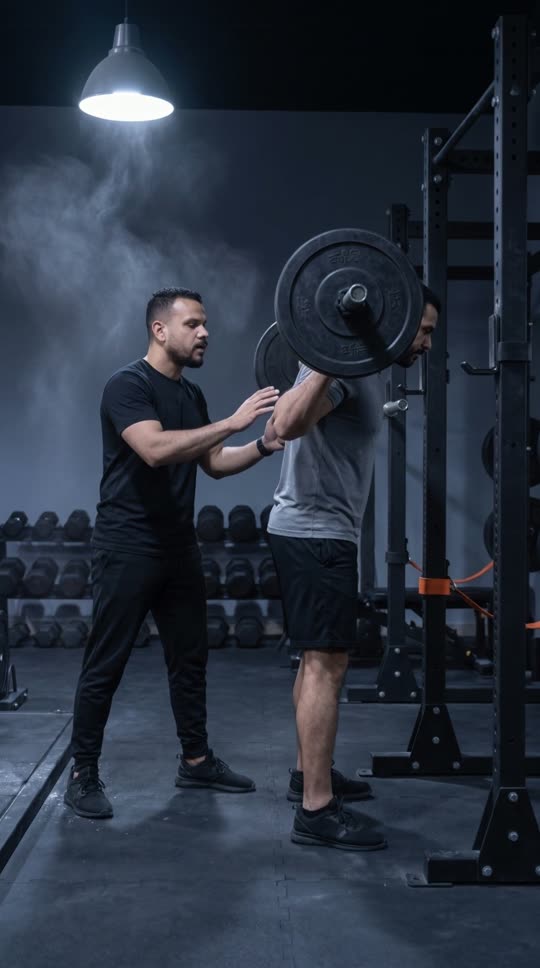 Mohab spots a client through a barbell back squat, hands ready at his upper back