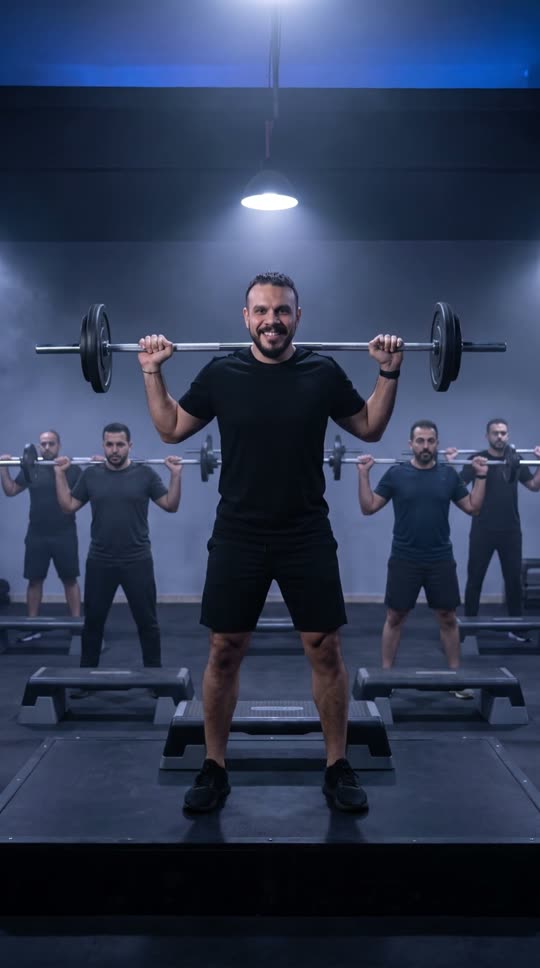 Mohab leads a group barbell class from the front, squatting on the beat as the class follows