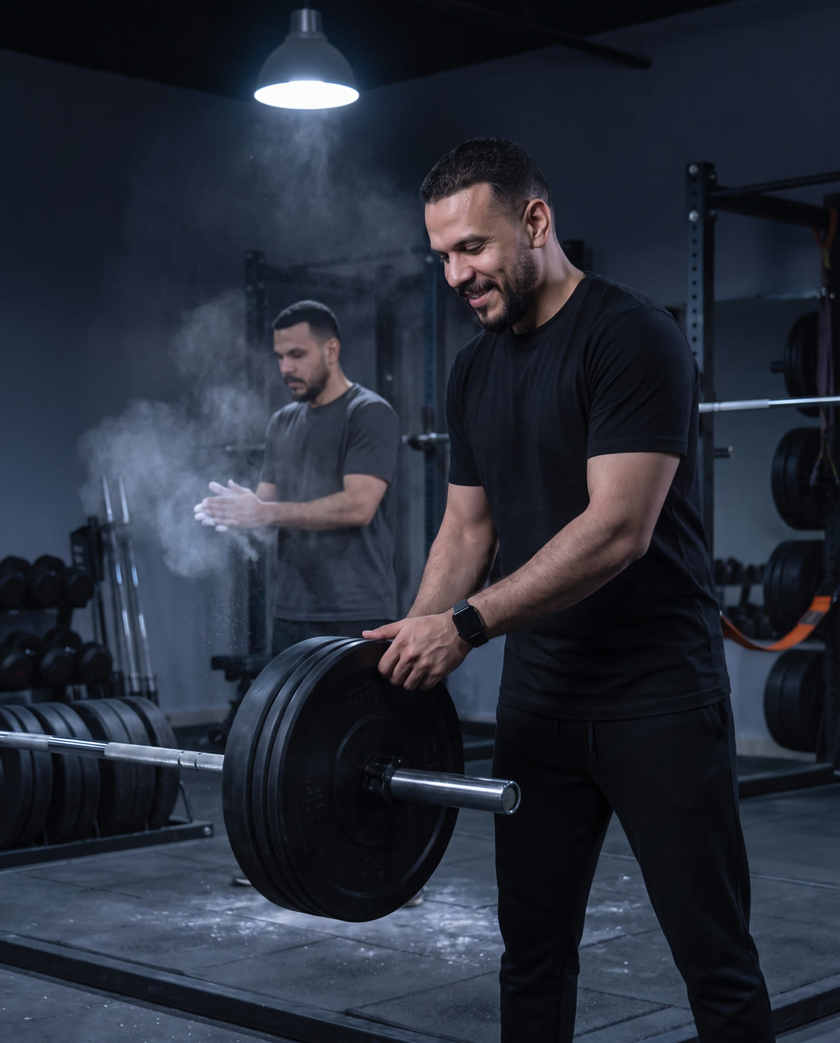 Mohab slides a heavier plate onto the barbell while his client chalks up for the next set
