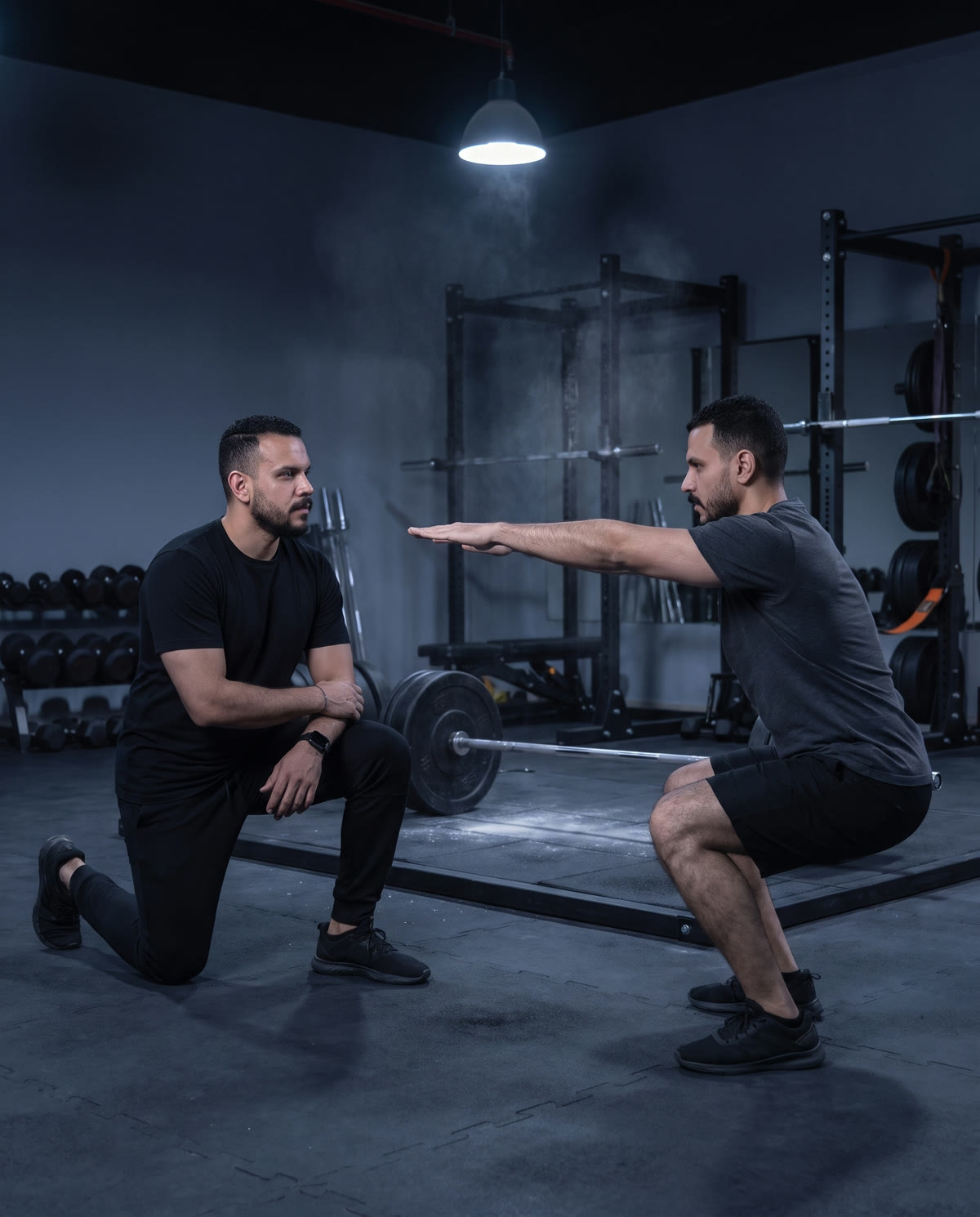 Mohab kneels on the gym floor, watching a client's bodyweight squat to see how his knees and hips move