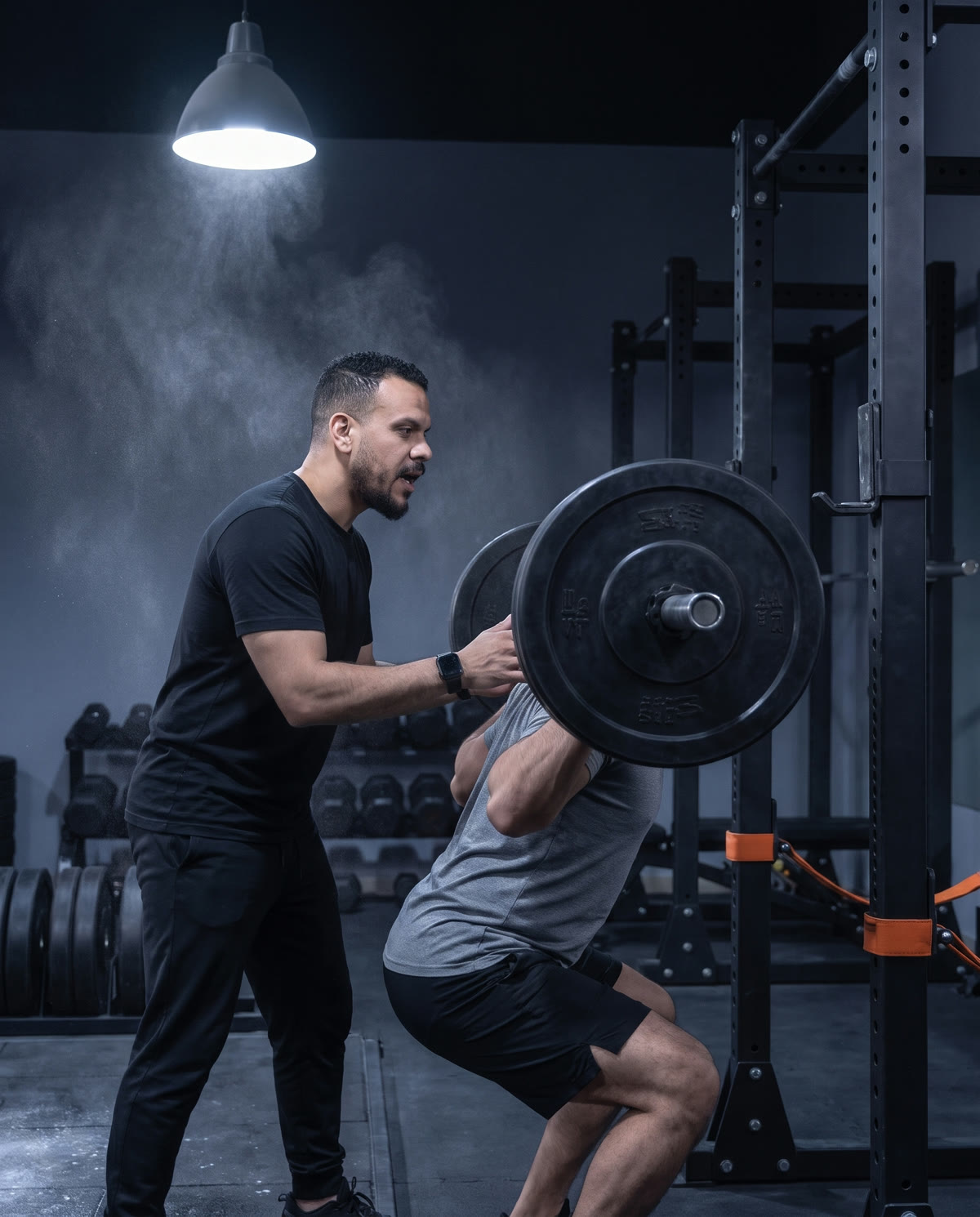 Mohab stands beside a client in the squat rack, hands ready to spot and cueing his form