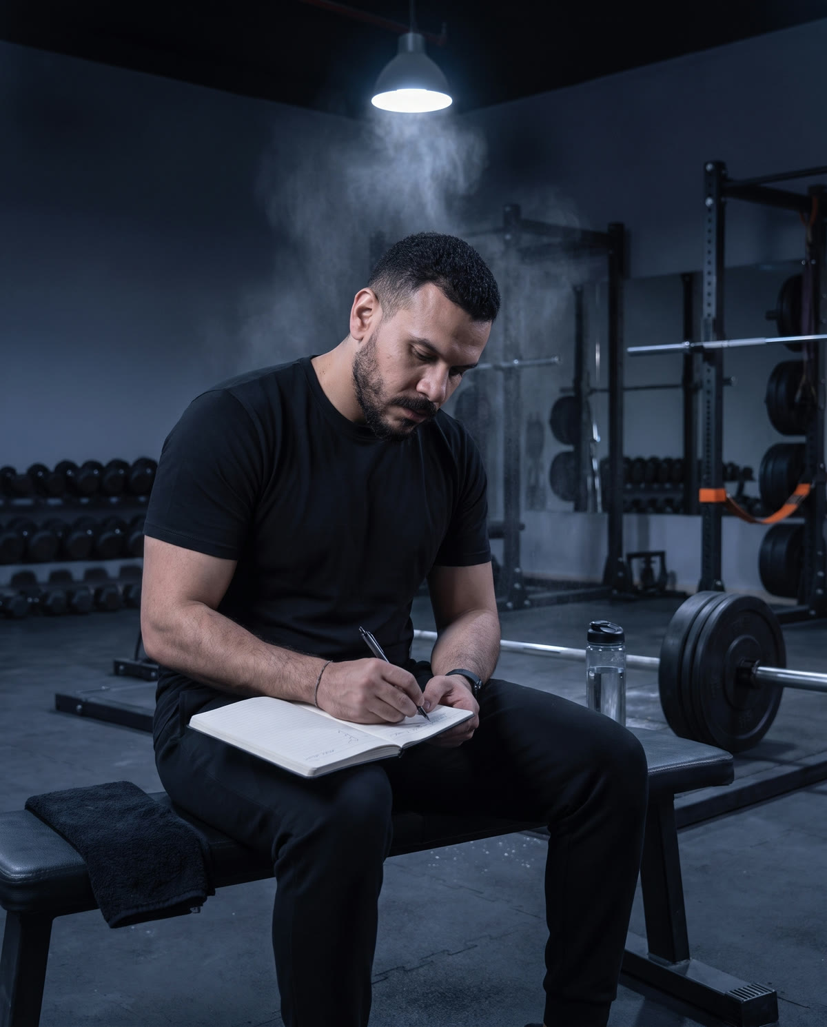 Mohab sits on a gym bench writing a training plan in a notebook
