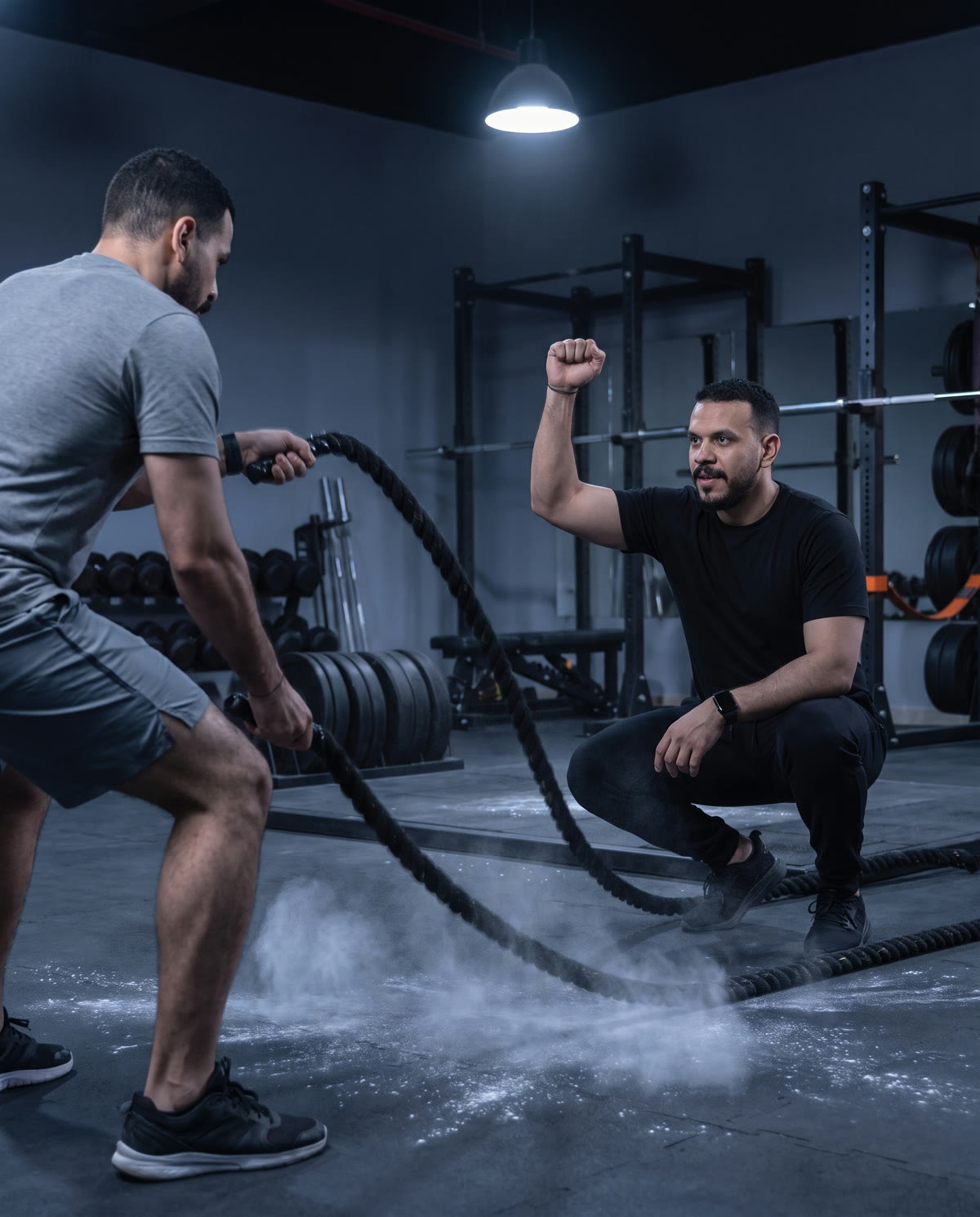 Mohab crouches beside a client working battle ropes, urging him through the set