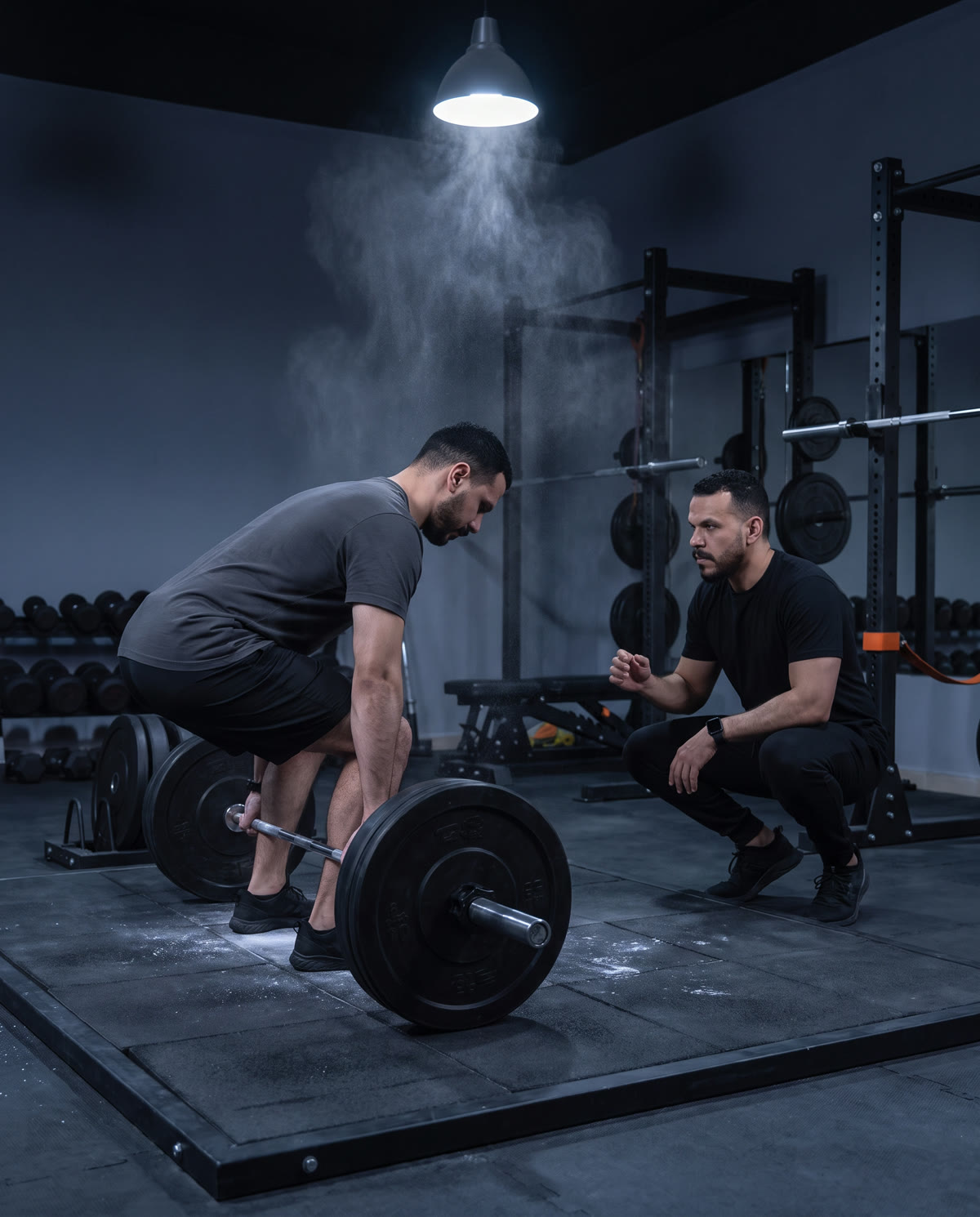 Mohab crouches beside a client set up for a deadlift, checking his back angle before the pull