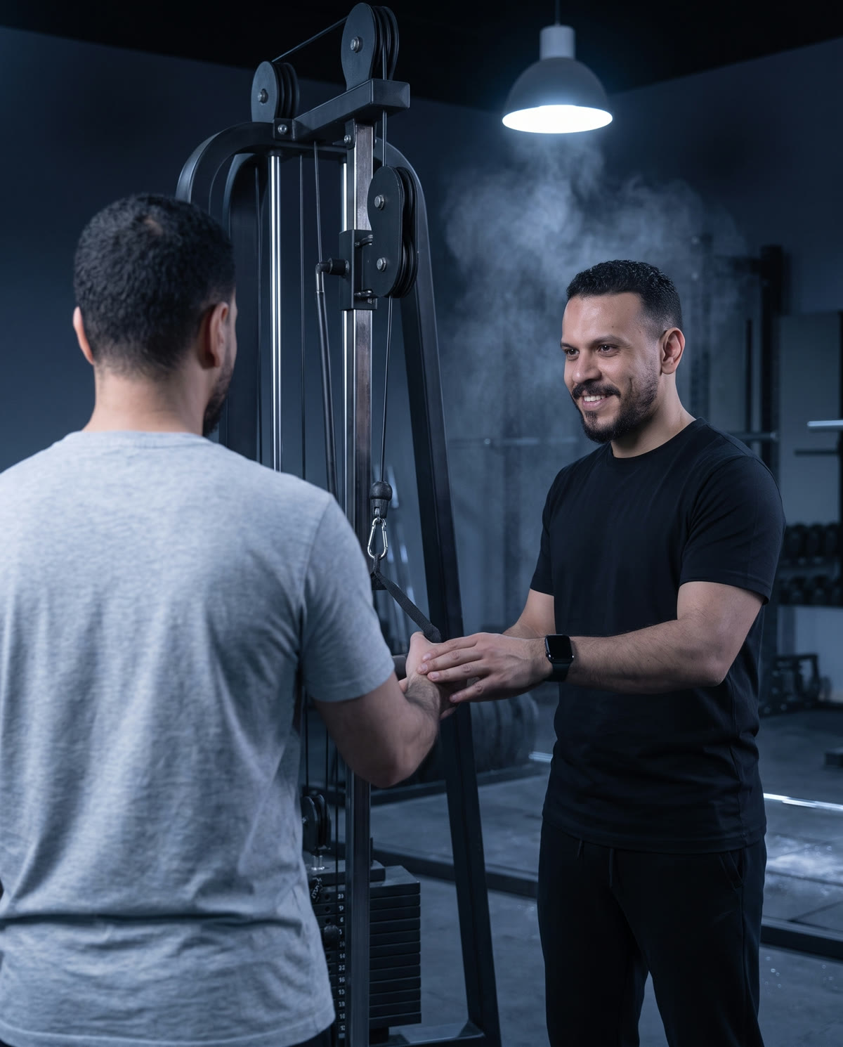 Mohab smiles and shakes hands with a new client by the cable machine at the start of his first session